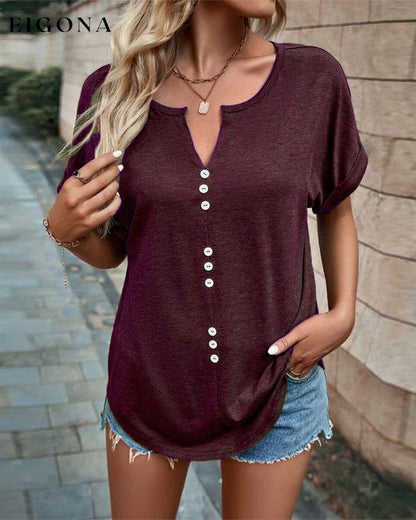 V-neck Hollow Out T-shirt with Short Sleeves Burgundy 23BF clothes Short Sleeve Tops Summer T-shirts Tops/Blouses