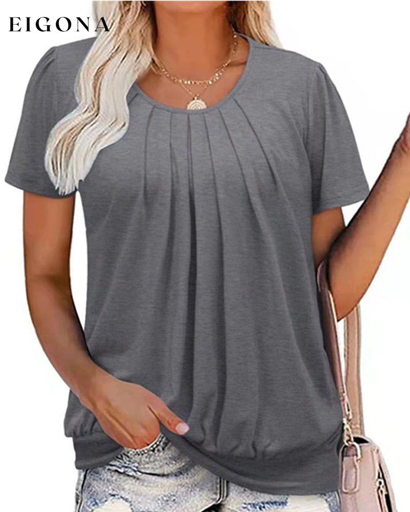 Round neck plain pleated short sleeve t-shirt 23BF clothes Short Sleeve Tops Summer T-shirts Tops/Blouses
