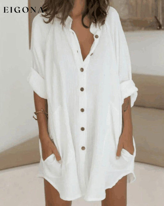 Button pocket solid shirt dress White 23BF Casual Dresses Clothes Dresses Spring Summer