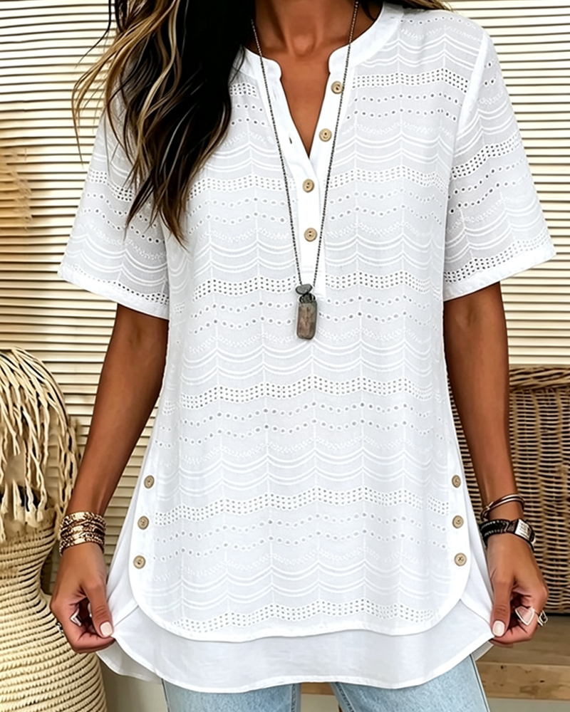 Solid Color V-Neck Button Hollow Up Blouse