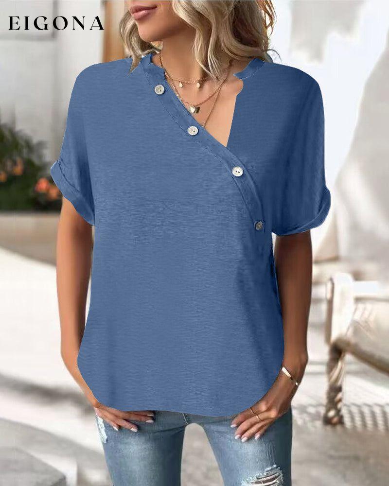 Solid Color Irregular Collar T-Shirt Blue 23BF clothes Short Sleeve Tops Spring Summer T-shirts Tops/Blouses