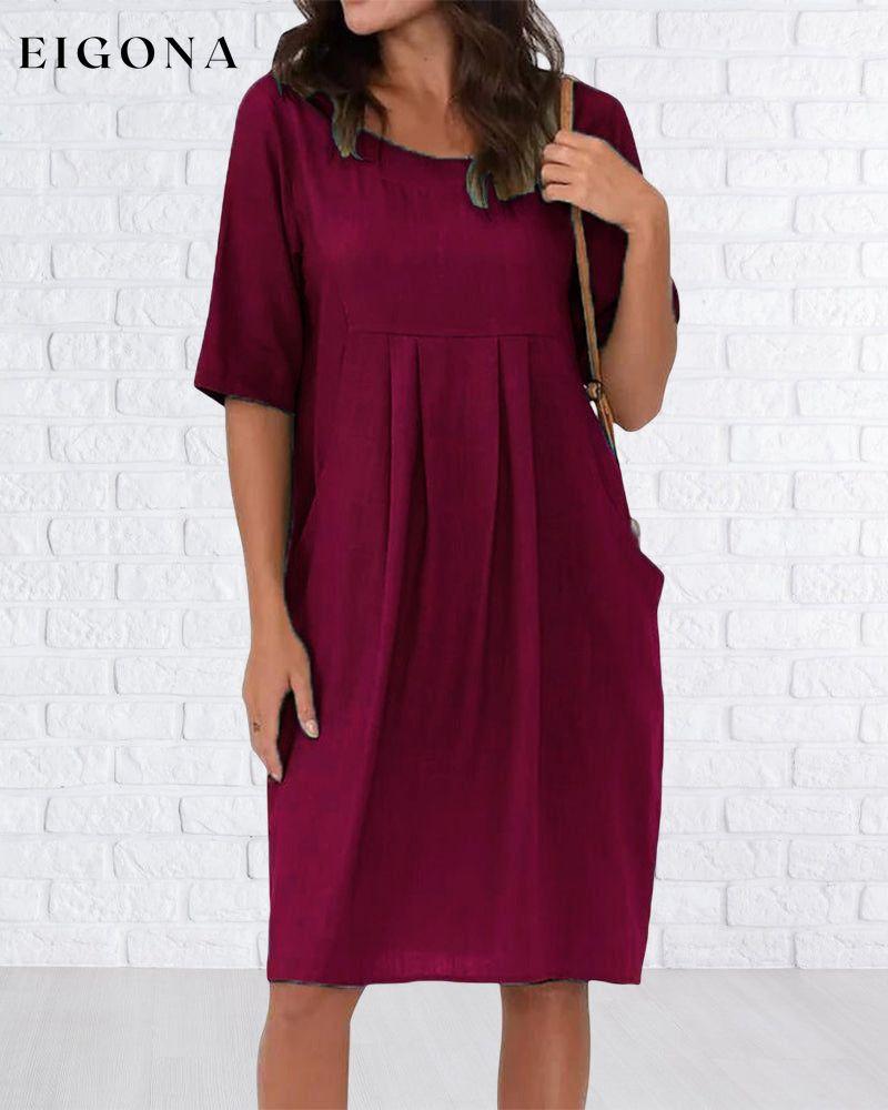 Round Neck Solid Color Dress with Pockets Red 23BF Casual Dresses Clothes Dresses Spring Summer