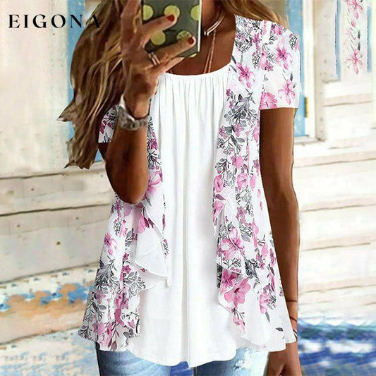 【Double-Layer Design】Double Layer Floral Print Blouse Pink best Best Sellings clothes Plus Size Sale tops Topseller