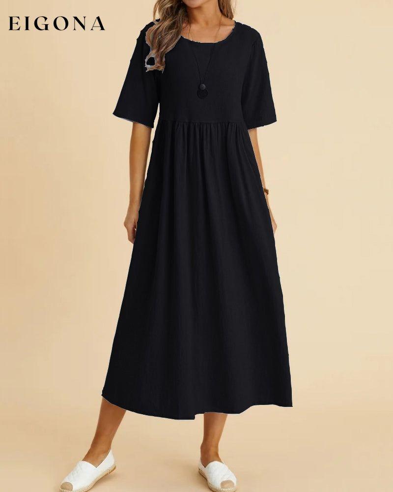 Solid color half sleeve midi dress Black 23BF Casual Dresses Clothes Cotton and Linen Dresses Spring Summer