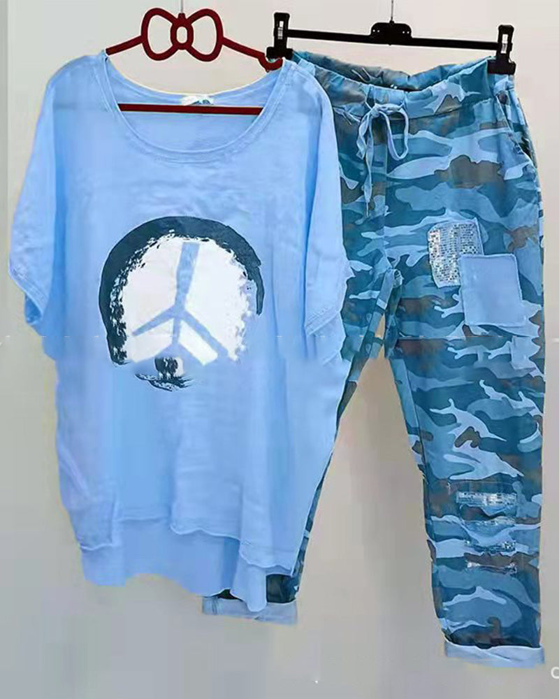 T-shirt and Pant Set in Camouflage Print 23BF Spring Summer Two-Piece Sets