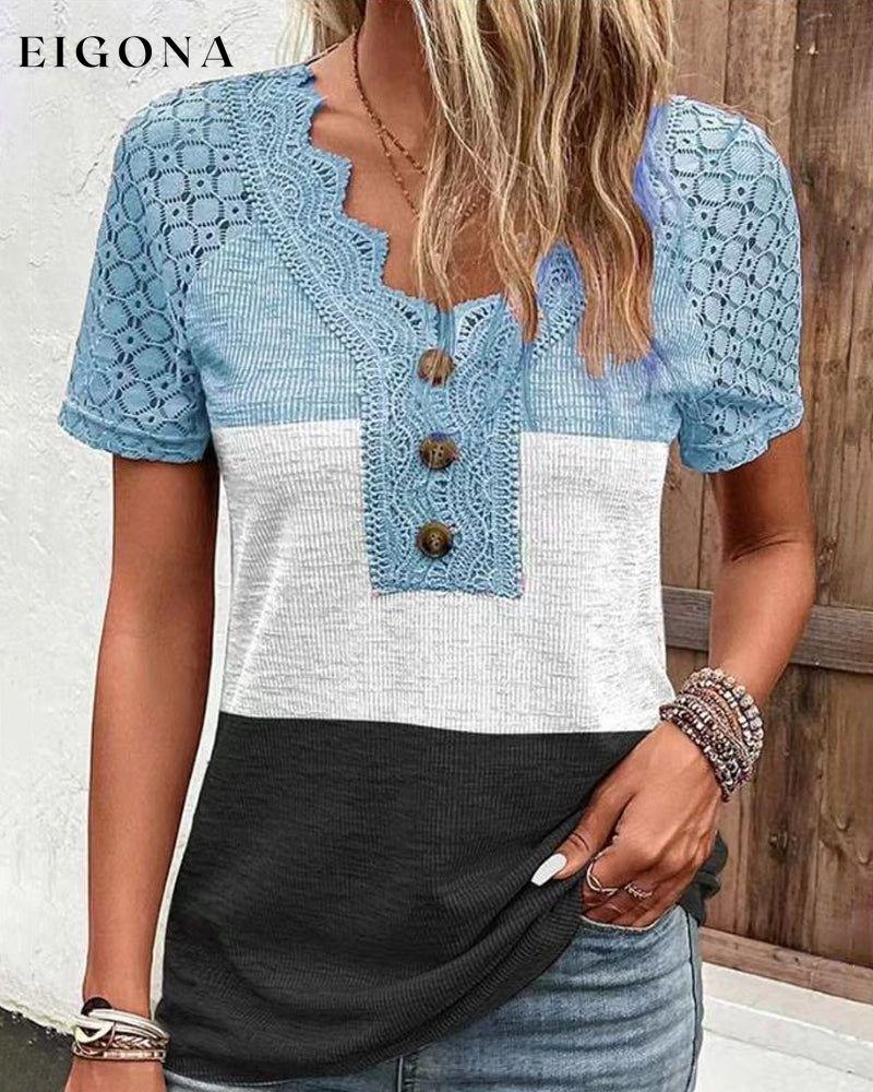 Color block lace T-shirt Blue 23BF clothes Short Sleeve Tops Spring Summer T-shirts Tops/Blouses