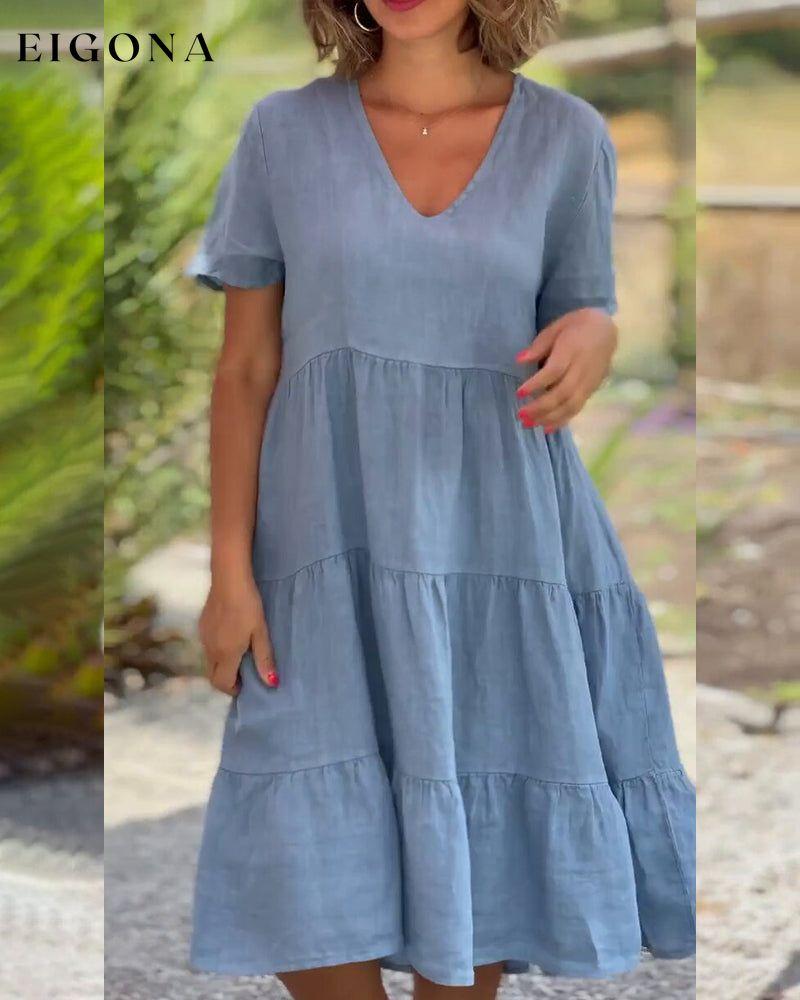 Cotton linen v-neck solid color dress Blue 23BF Casual Dresses Clothes cotton and linen Dresses Spring Summer