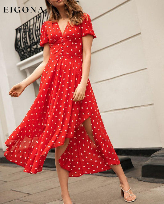 Romantic polka dot print waist dress Red 23BF Casual Dresses Clothes Dresses Elegant Dresses Summer