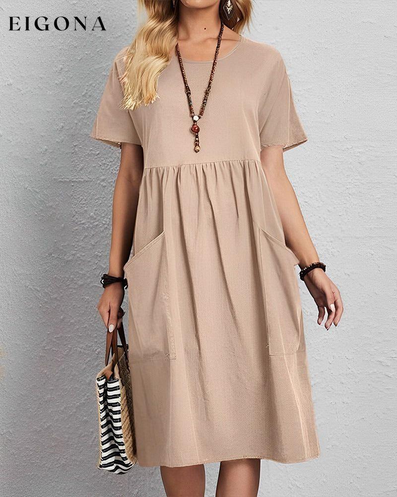 Round neck pleated short sleeve dress Khaki 23BF Casual Dresses Clothes Cotton and Linen Dresses Spring Summer