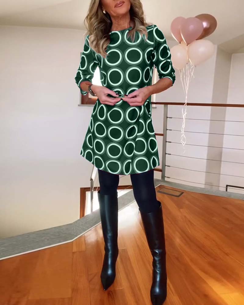 Round neck circle print casual dress