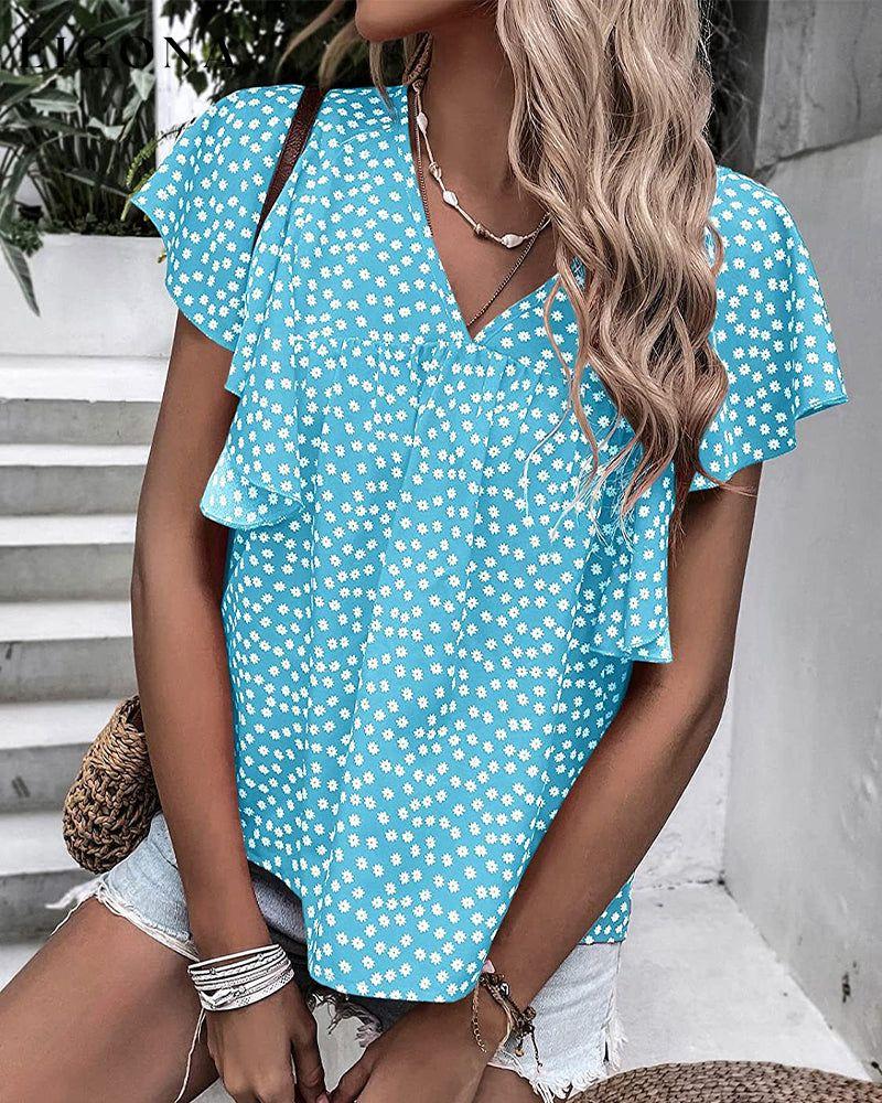 Floral Print T-shirt with Ruffle Sleeves Light blue 23BF clothes Short Sleeve Tops Spring Summer T-shirts Tops/Blouses