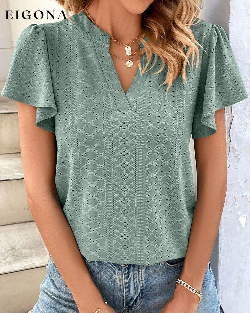 V-neck Ruffle Sleeve T-shirt Green 23BF clothes Short Sleeve Tops Spring Summer T-shirts Tops/Blouses