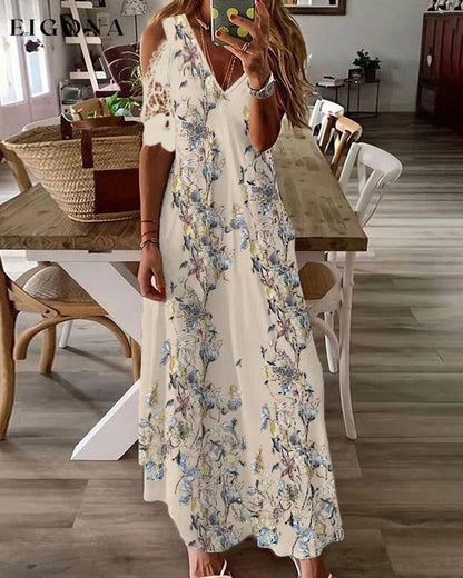 Floral Print Dress with Short Lace Sleeves Beige 23BF Casual Dresses Clothes Dresses Spring Summer Vacation Dresses