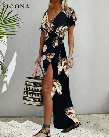Short sleeve front slit printed dress 23BF Casual Dresses Clothes Dresses Summer