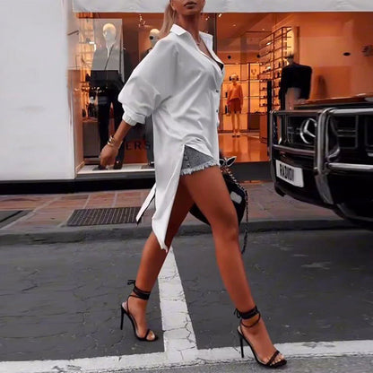 Solid color lapel slit casual shirt