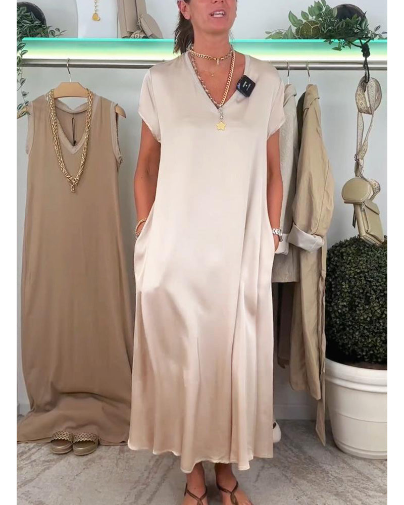 Casual solid color V-neck pocket dress