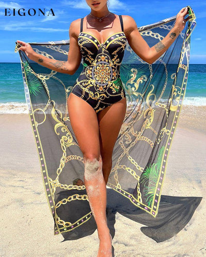 Chain Print Push Up One Piece Swimsuit With Beach Skirt 23BF Clothes Cover-Ups One-Piece SALE Summer Swimwear