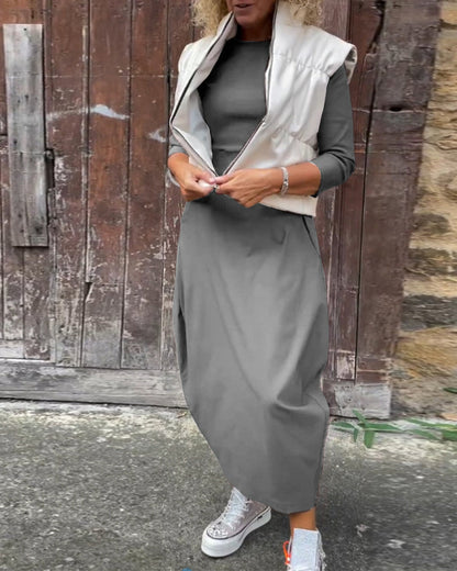 Abito elegante semplice a maniche lunghe con tasca in tinta unita