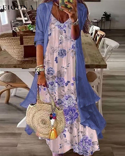 Vacation dress in floral print Blue 23BF Casual Dresses Clothes Dresses Spring Summer Two-Piece Sets