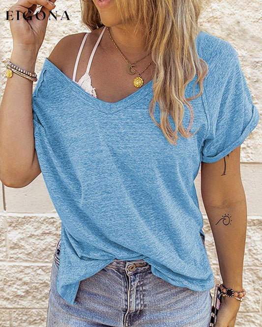 Solid color V-neck t-shirt Blue 23BF clothes Short Sleeve Tops Summer T-shirts Tops/Blouses