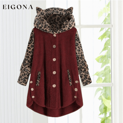 Leopard Patchwork Cat Ears Coat Wine Red Best Sellings cardigan cardigans clothes Plus Size Sale tops