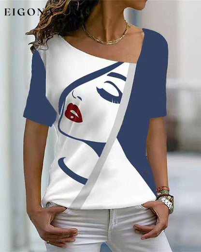 V-neck face print short-sleeved t-shirt Blue 23BF clothes Short Sleeve Tops Spring Summer T-shirts Tops/Blouses