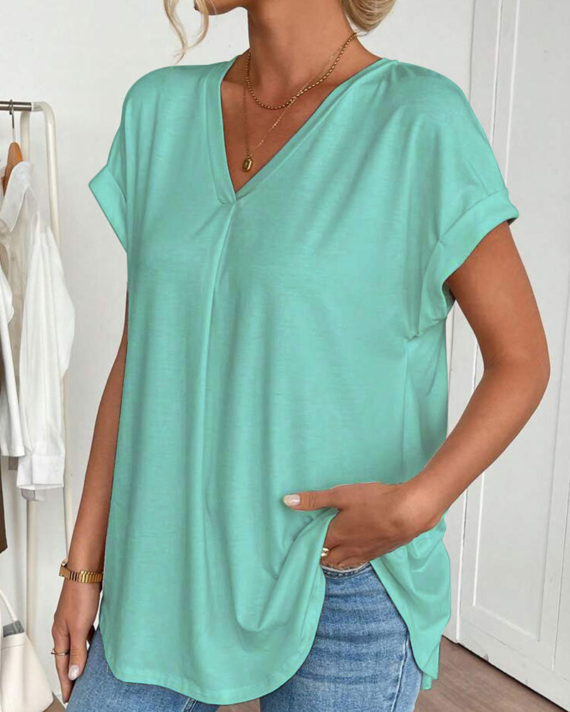 Short-Sleeved Solid Color Patchwork T-Shirt