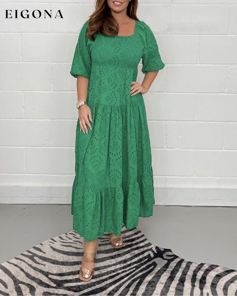 Square collar solid color hollow dress Green 23BF 23BK Casual Dresses Clothes Dresses Summer
