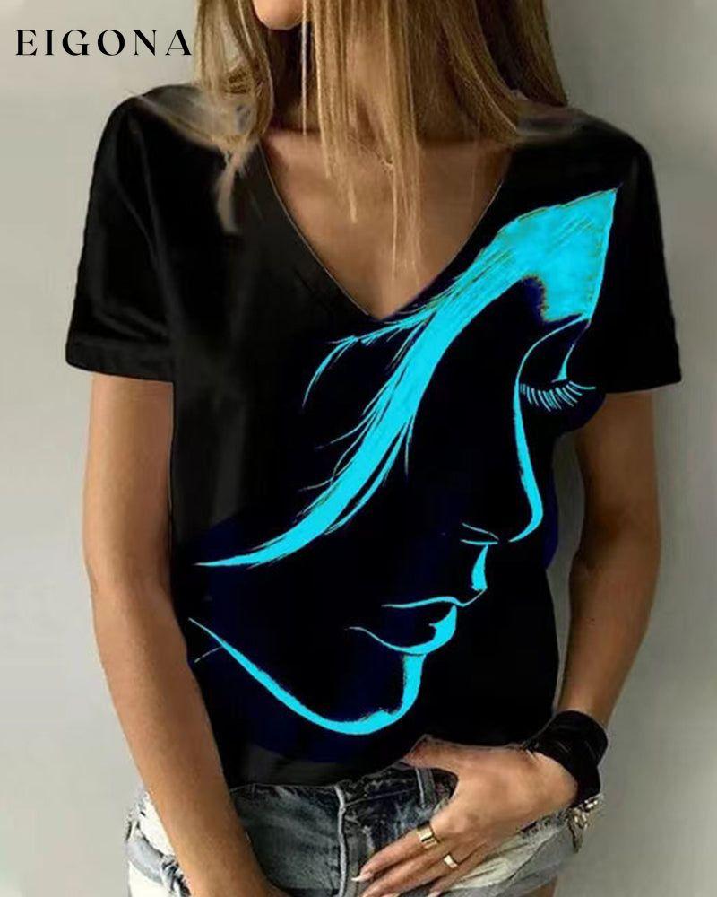 V neck T-shirt with Figure Print Cyan 23BF clothes Short Sleeve Tops T-shirts Tops/Blouses