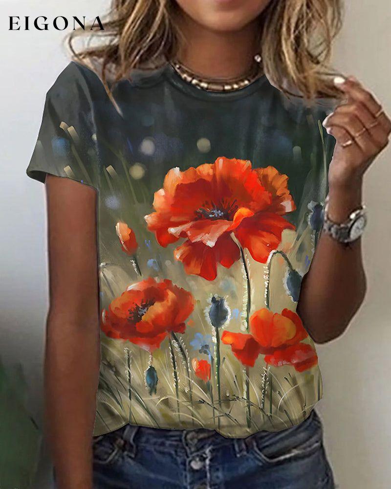 Round neck floral print short sleeve t-shirt Khaki 23BF clothes Short Sleeve Tops Summer T-shirts Tops/Blouses