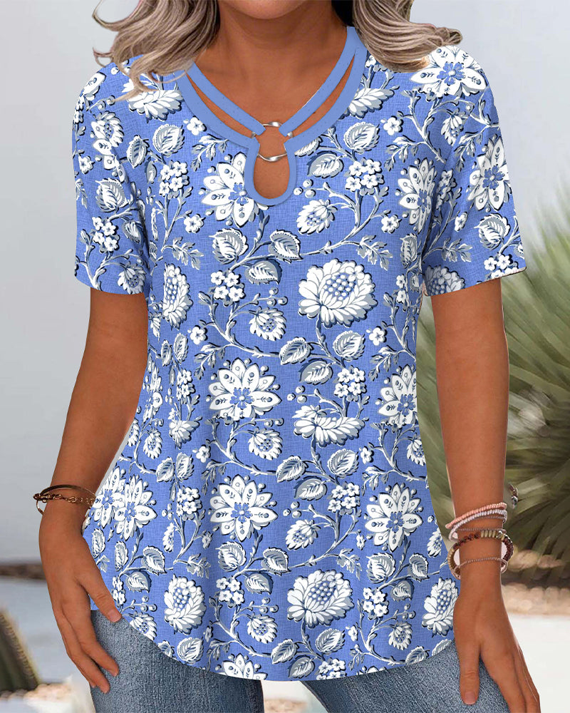 Blusa da pendolare con stampa floreale e scollo tondo