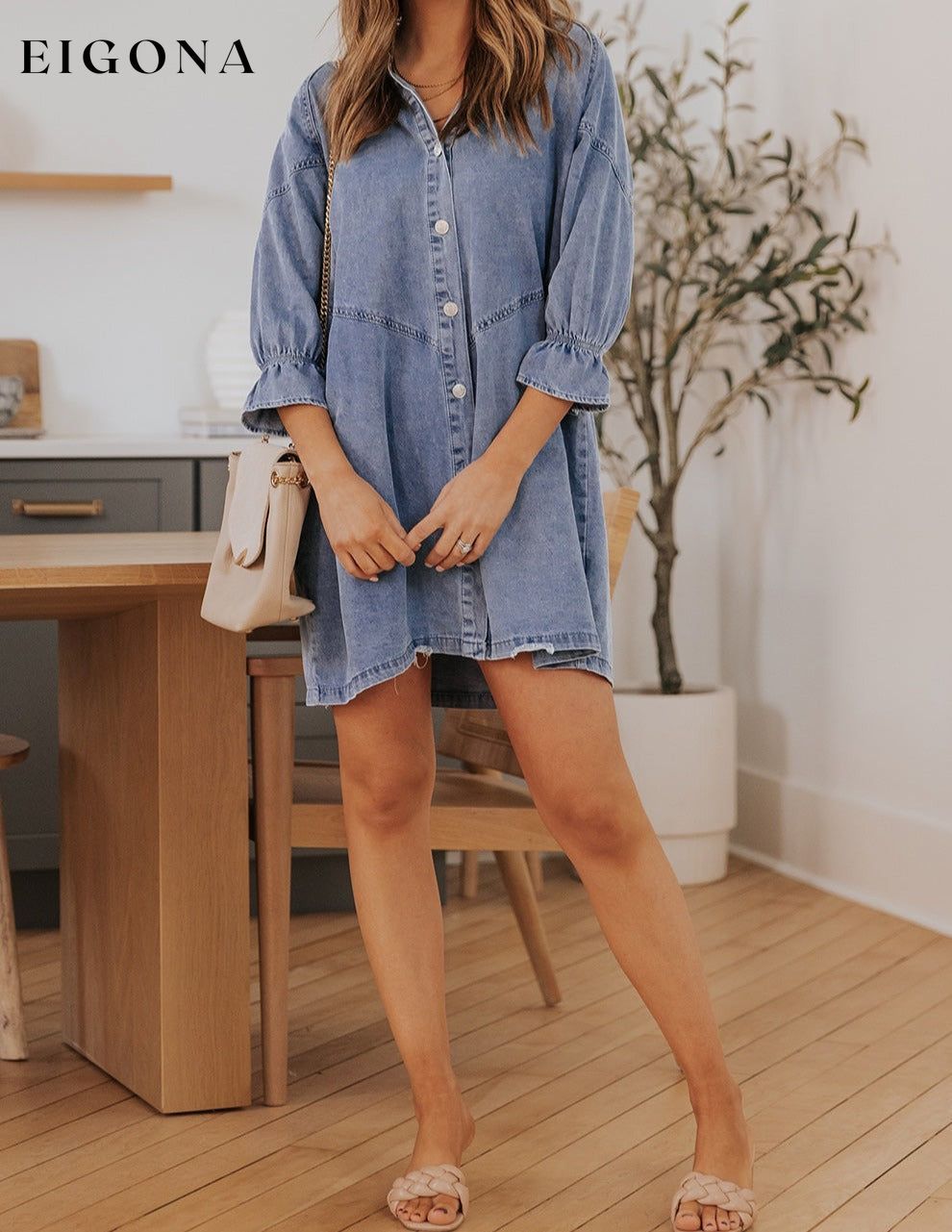 Collared Neck Flounce Sleeve Denim Mini Dress clothes clothing dress dresses Ship From Overseas short dresses SYNZ