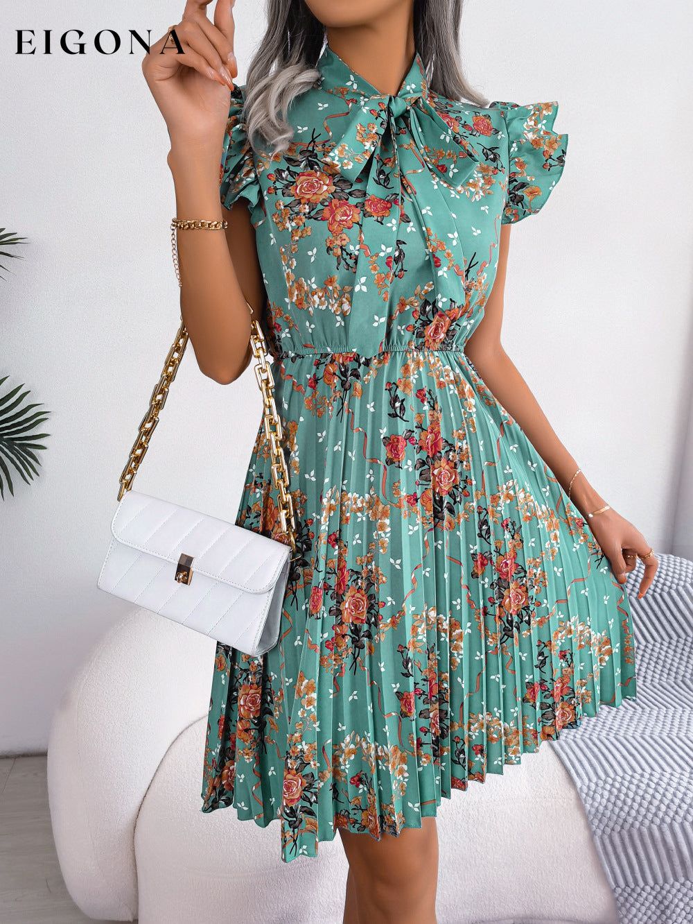Pleated Floral Printed Tie Neck Knee Length Short Sleeve Dress Teal B.J.S casual dress casual dresses clothes dress dresses Ship From Overseas short dress short dresses short sleeve dress short sleeve dresses