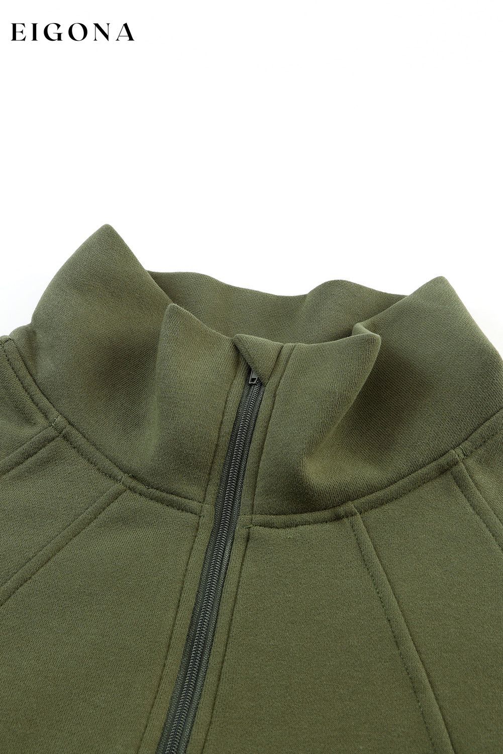 Green Zip Up Stand Collar Ribbed Thumbhole Sleeve Sweatshirt clothes Craft Patchwork Fall To Winter Occasion Daily Outerwear Print Solid Color Season Fall & Autumn Style Casual Sweater sweaters