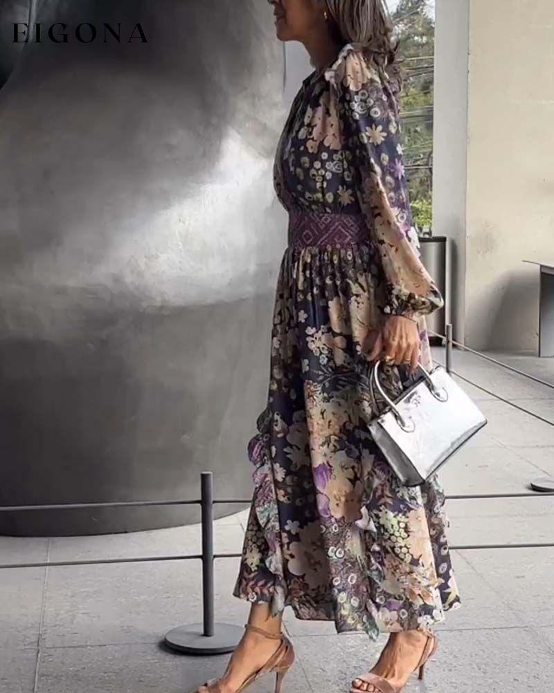 Elegant waisted V-neck floral long dress casual dresses spring summer