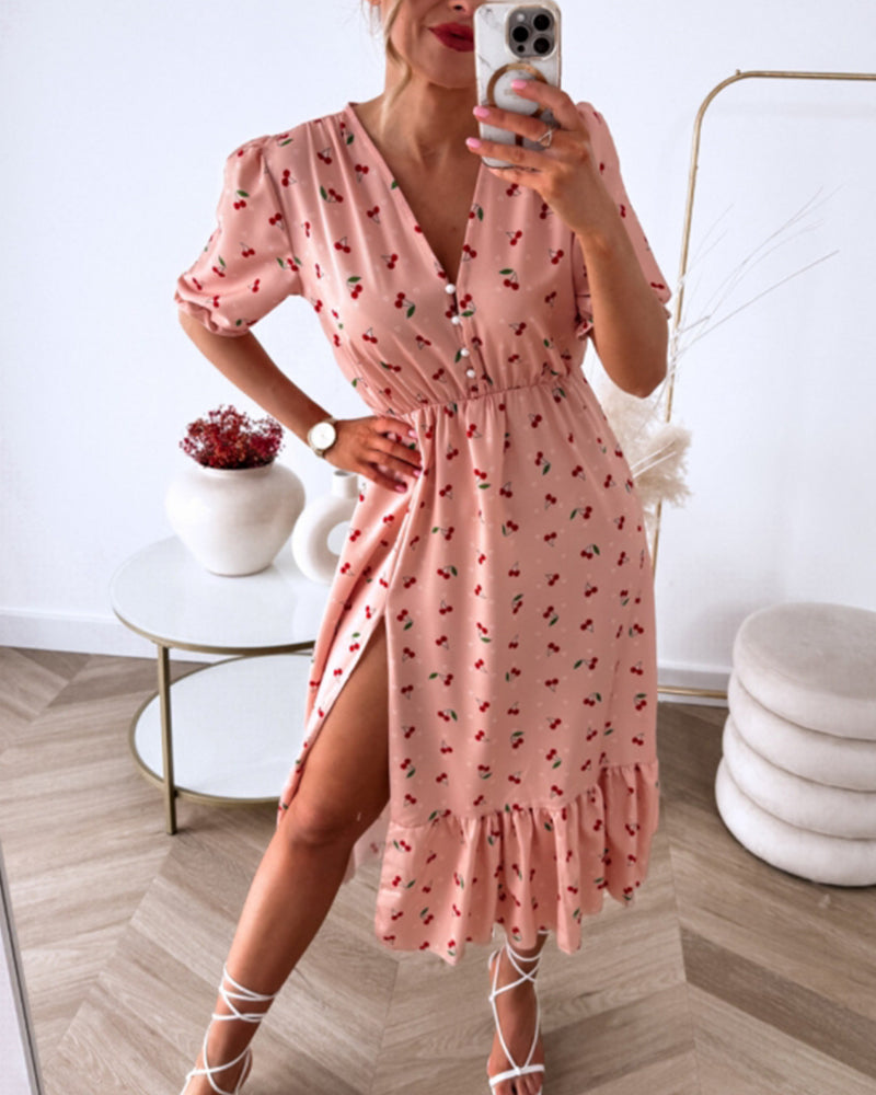 Slit cherry print dress casual dresses summer