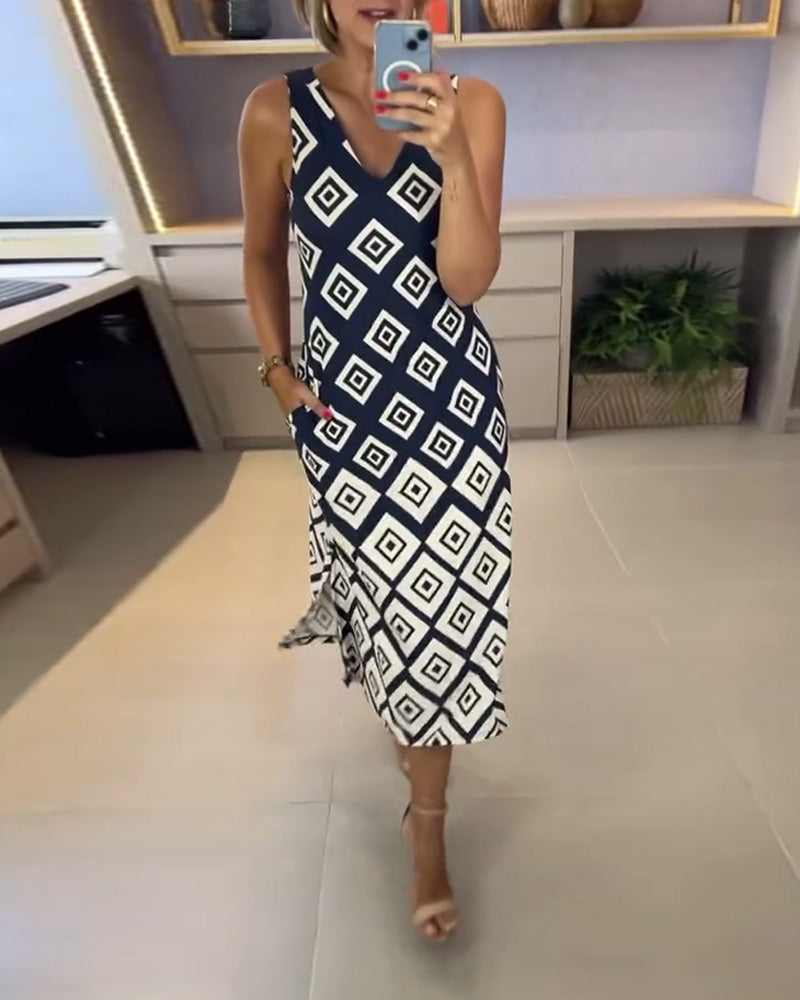 Abito senza maniche con stampa a rombi e scollo a V