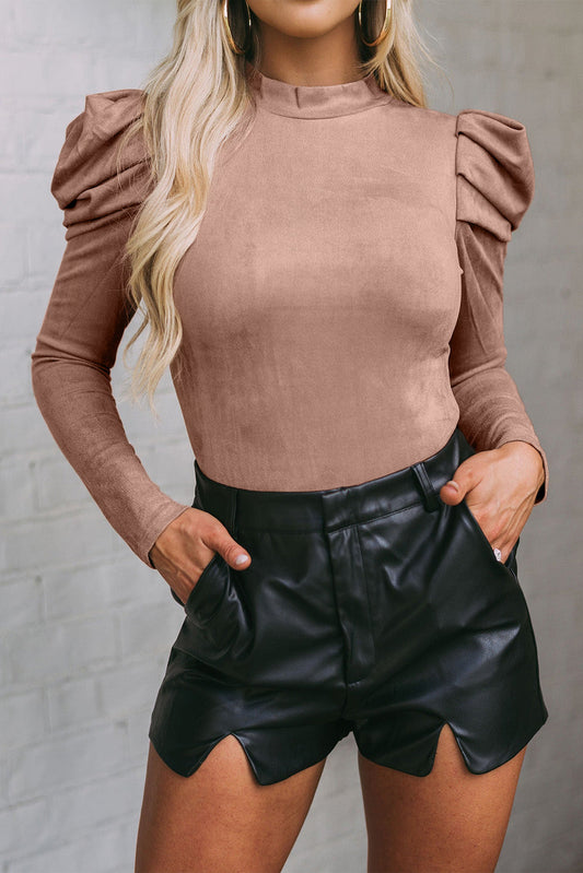 Pink Puff Sleeve Suede Bodysuit Pink 90%Polyester+10%Elastane clothes long sleeve bodysuit Occasion Daily Print Solid Color puff sleeve bodysuit Season Fall & Autumn shirt Sleeve Puff sleeve Style Elegant top