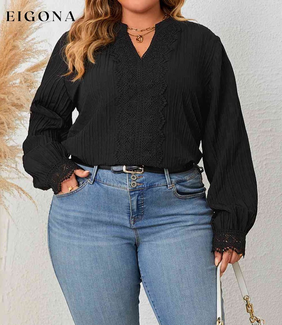 Plus Size Notched Neck Lace Detail Blouse black shirt black top clothes HS long sleeve shirt long sleeve shirts long sleeve top Ship From Overseas shirt shirts top tops