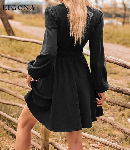 V-Neck Long Sleeve Smocked Waist Mini Dress casual dress casual dresses clothes dress dresses long sleeve dress long sleeve dresses mini dress S.N Ship From Overseas