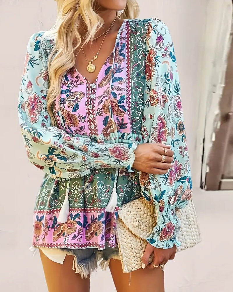 Lantern sleeve ethnic print blouse 2024 f/w blouses & shirts spring