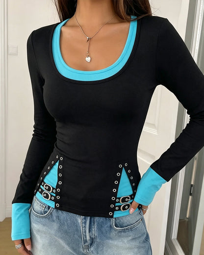Faux Two-Layer Contrast Collar Top