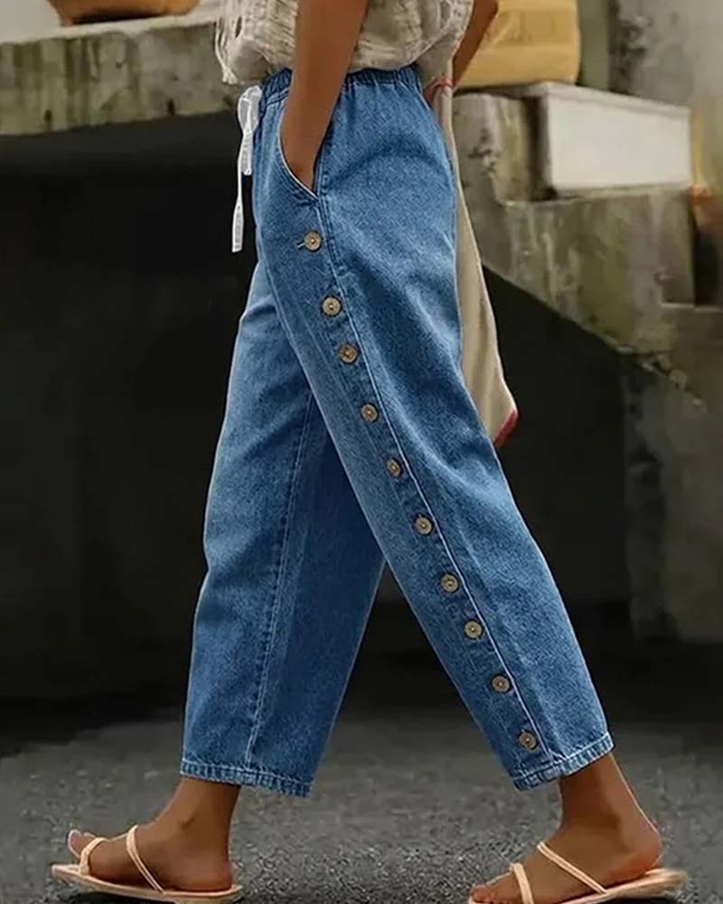 Elastic Waist Side Buckle Casual Pant