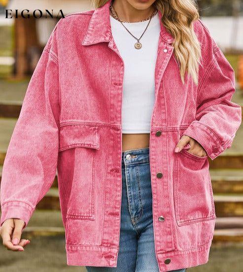 Collared Neck Button Up Denim Jacket Hot Pink clothes Jackets & Coats M.F Ship From Overseas