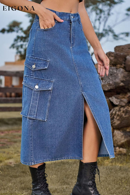 Slit Front Midi Denim Skirt with Pockets clothes Manny Ship From Overseas Shipping Delay 10/01/2023 - 10/03/2023 trend