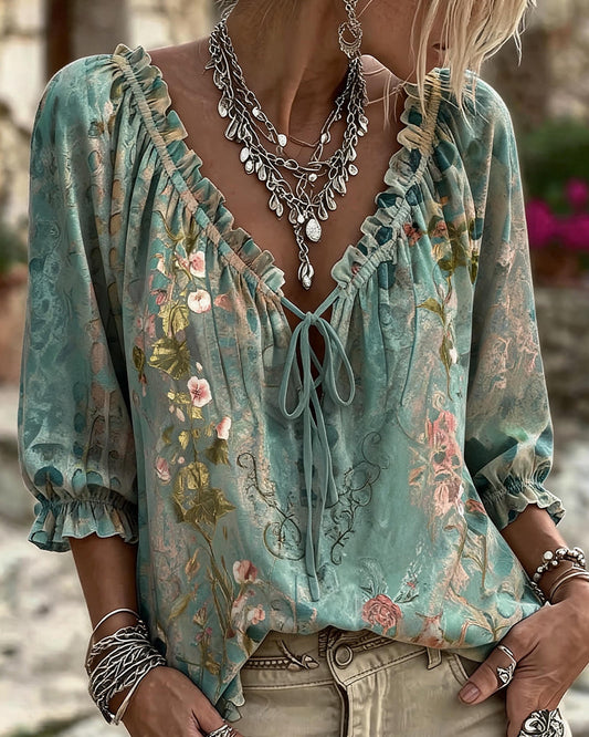 Floral Print Drawstring Three-Quarter Sleeve Blouse blouses & shirts spring summer
