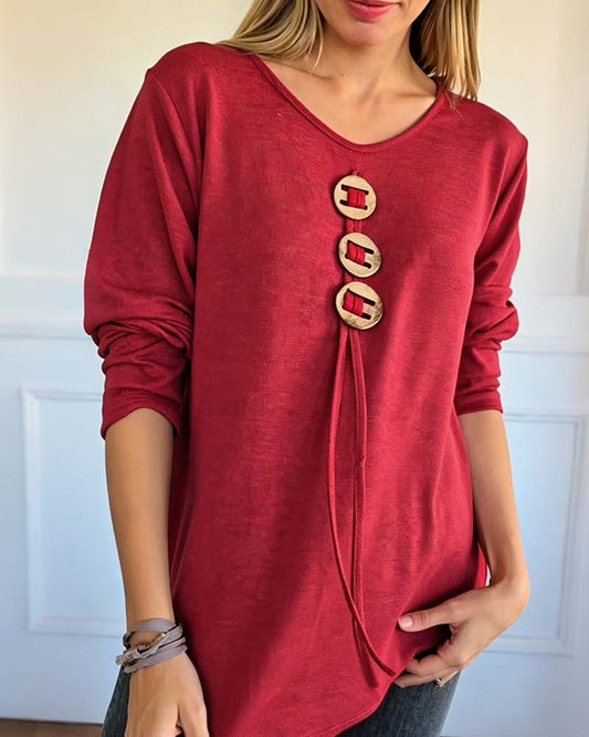Wooden Button Long Sleeve Loose Top blouses & shirts spring summer