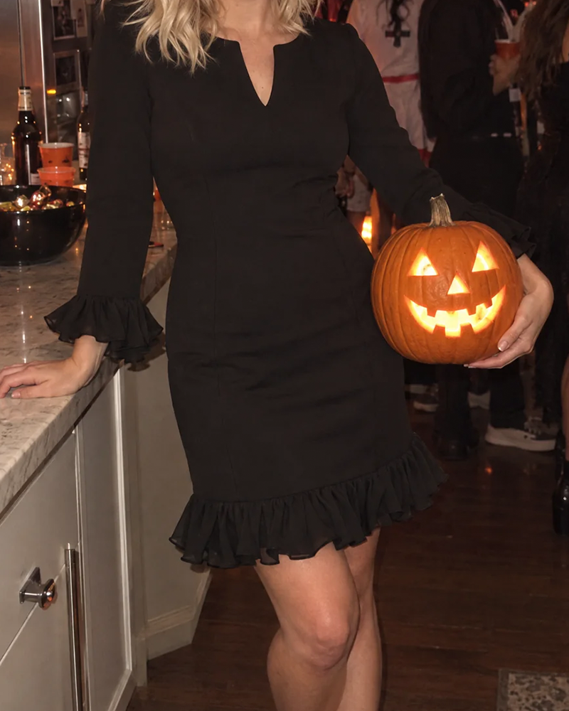 Elegant V-Neck Long Sleeve Ruffle Hem Dress