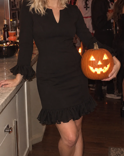 Elegant V-Neck Long Sleeve Ruffle Hem Dress