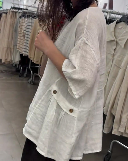 Crewneck Side Button Loose Fit Blouse